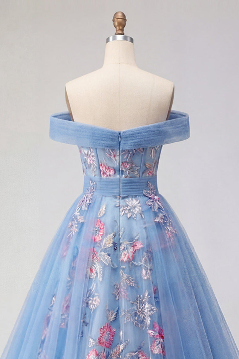 Laden Sie das Bild in den Galerie-Viewer, Off-the-shoulder blaues A-Line-Korsett-Korsett, langes Abschlussballkleid
