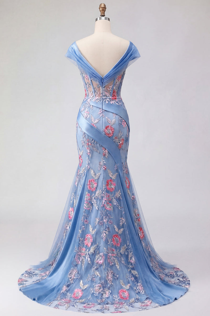 Laden Sie das Bild in den Galerie-Viewer, Blauer V-Ausschnitt Meerjungfrauen-Applikation und langes Abschlussball-Kleid