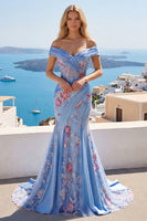 Laden Sie das Bild in den Galerie-Viewer, Blauer V-Ausschnitt Meerjungfrauen-Applikation und langes Abschlussball-Kleid