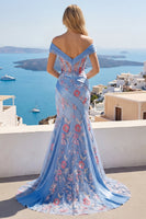 Laden Sie das Bild in den Galerie-Viewer, Blauer V-Ausschnitt Meerjungfrauen-Applikation und langes Abschlussball-Kleid