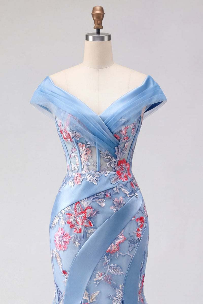 Laden Sie das Bild in den Galerie-Viewer, Blauer V-Ausschnitt Meerjungfrauen-Applikation und langes Abschlussball-Kleid