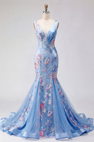 Laden Sie das Bild in den Galerie-Viewer, Meerjungfrauenblaues Blumenkorsett mit V-Ausschnitt Langball-Kleid