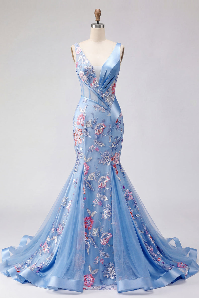 Laden Sie das Bild in den Galerie-Viewer, Meerjungfrauenblaues Blumenkorsett mit V-Ausschnitt Langball-Kleid