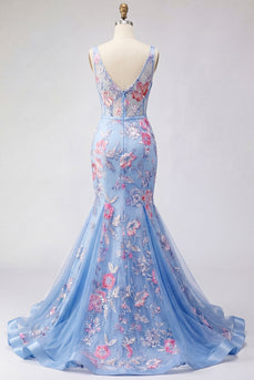 Meerjungfrauenblaues Blumenkorsett mit V-Ausschnitt Langball-Kleid