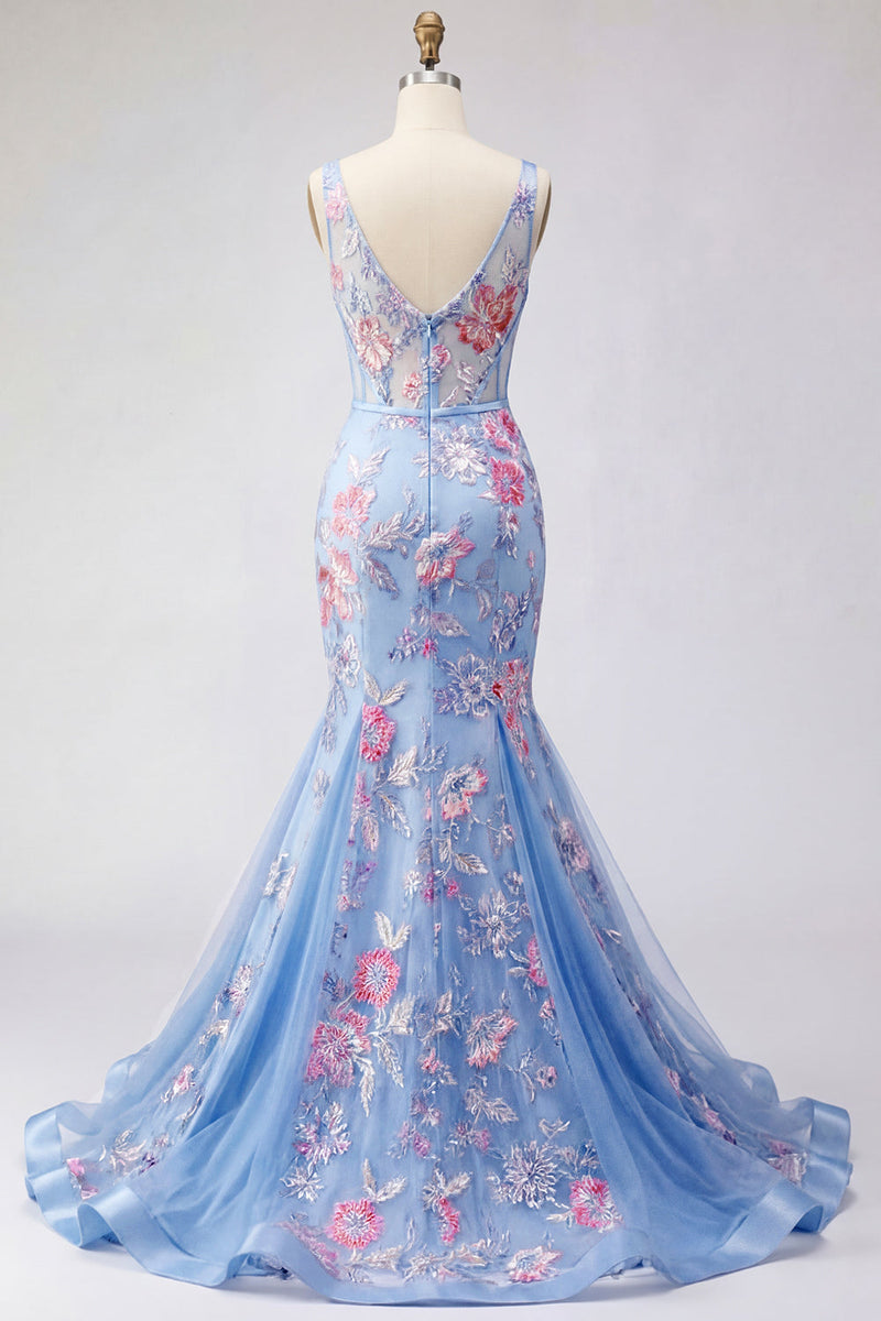 Laden Sie das Bild in den Galerie-Viewer, Meerjungfrauenblaues Blumenkorsett mit V-Ausschnitt Langball-Kleid