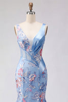 Laden Sie das Bild in den Galerie-Viewer, Meerjungfrauenblaues Blumenkorsett mit V-Ausschnitt Langball-Kleid