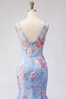 Laden Sie das Bild in den Galerie-Viewer, Meerjungfrauenblaues Blumenkorsett mit V-Ausschnitt Langball-Kleid