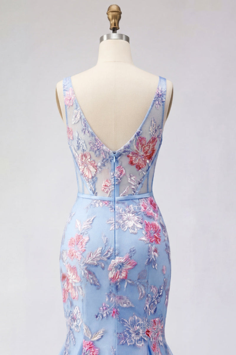 Laden Sie das Bild in den Galerie-Viewer, Meerjungfrauenblaues Blumenkorsett mit V-Ausschnitt Langball-Kleid