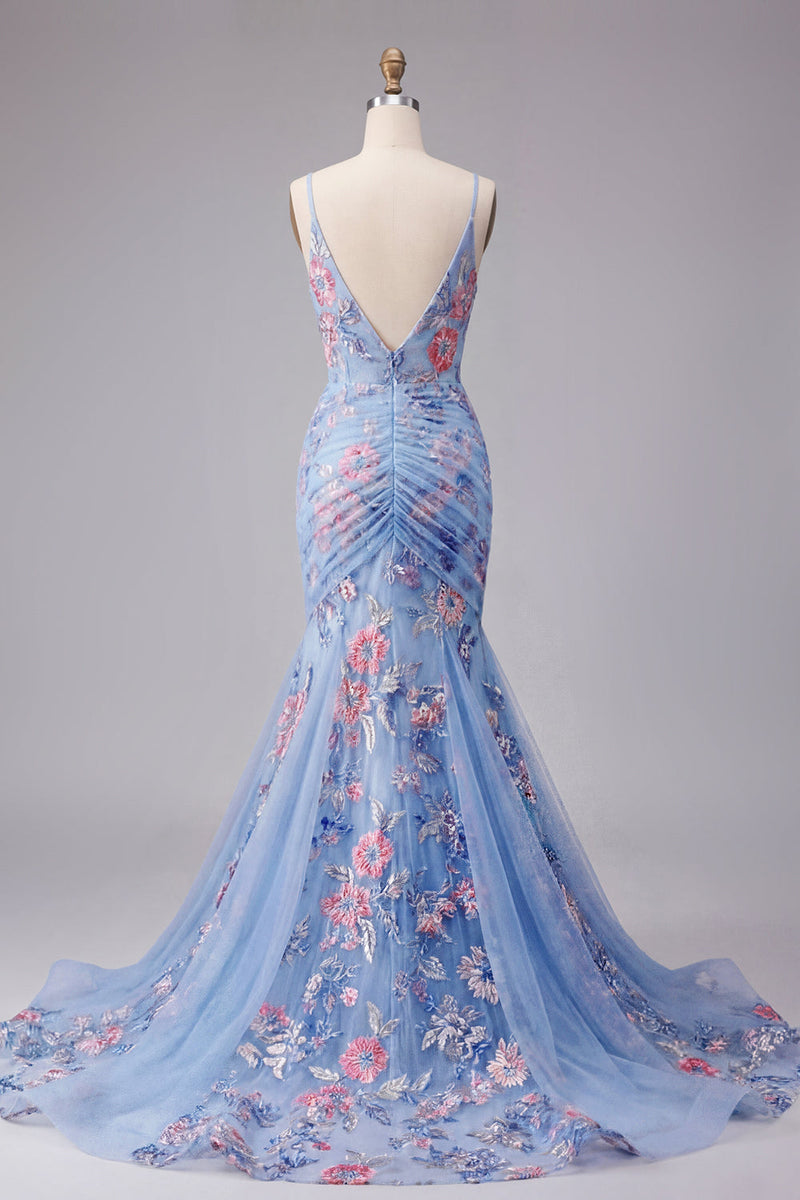 Laden Sie das Bild in den Galerie-Viewer, Blaues Meerjungfrauen-Blumen-Spaghettiträger V-Ausschnitt Langballkleid