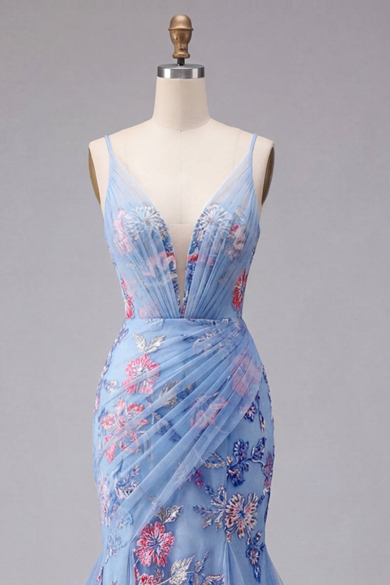 Laden Sie das Bild in den Galerie-Viewer, Blaues Meerjungfrauen-Blumen-Spaghettiträger V-Ausschnitt Langballkleid