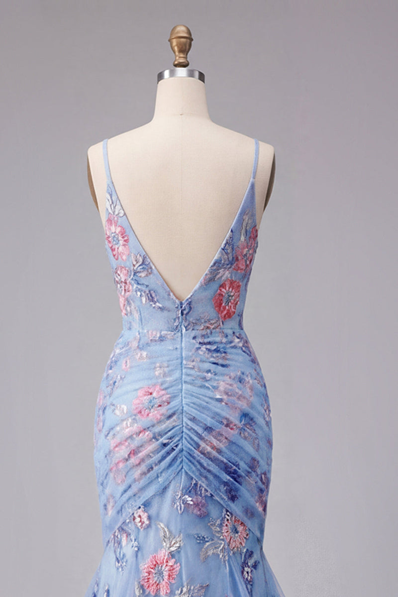 Laden Sie das Bild in den Galerie-Viewer, Blaues Meerjungfrauen-Blumen-Spaghettiträger V-Ausschnitt Langballkleid