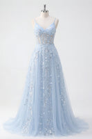 Laden Sie das Bild in den Galerie-Viewer, Zapaka Damen Blaues Pailletten Langes Ballkleid A-Linie Applikiertes Spaghettiträger Partykleid