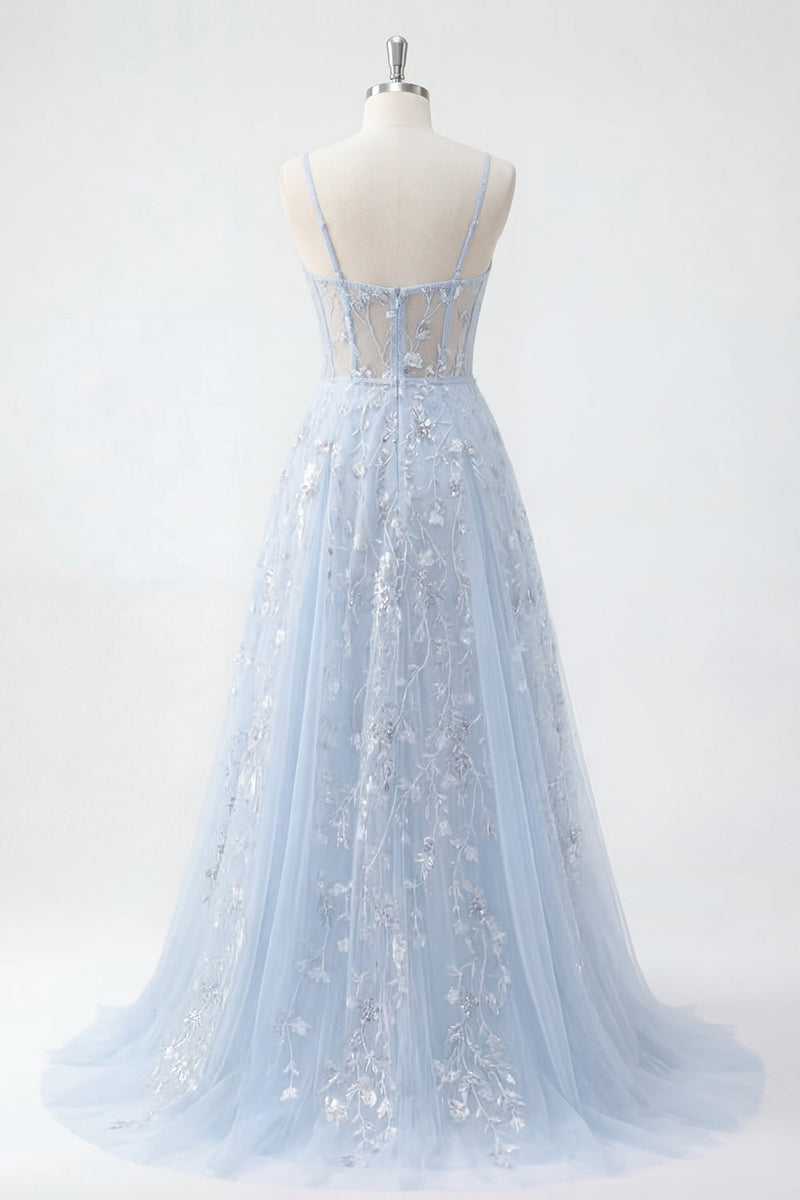 Laden Sie das Bild in den Galerie-Viewer, Blaues A-Linie Pailletten Korsett Applikiertes Langes Abschlussballkleid
