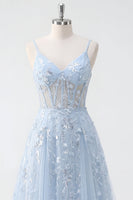 Laden Sie das Bild in den Galerie-Viewer, Blaues A-Linie Pailletten Korsett Applikiertes Langes Abschlussballkleid