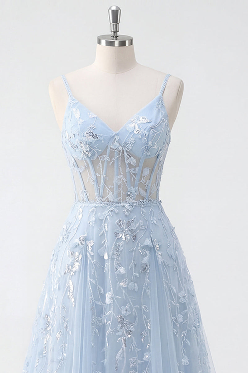 Laden Sie das Bild in den Galerie-Viewer, Blaues A-Linie Pailletten Korsett Applikiertes Langes Abschlussballkleid