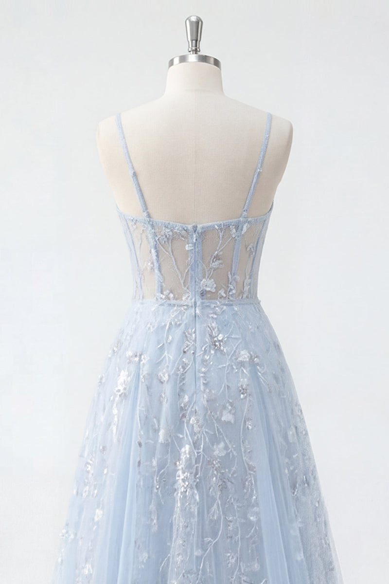 Laden Sie das Bild in den Galerie-Viewer, Blaues A-Linie Pailletten Korsett Applikiertes Langes Abschlussballkleid