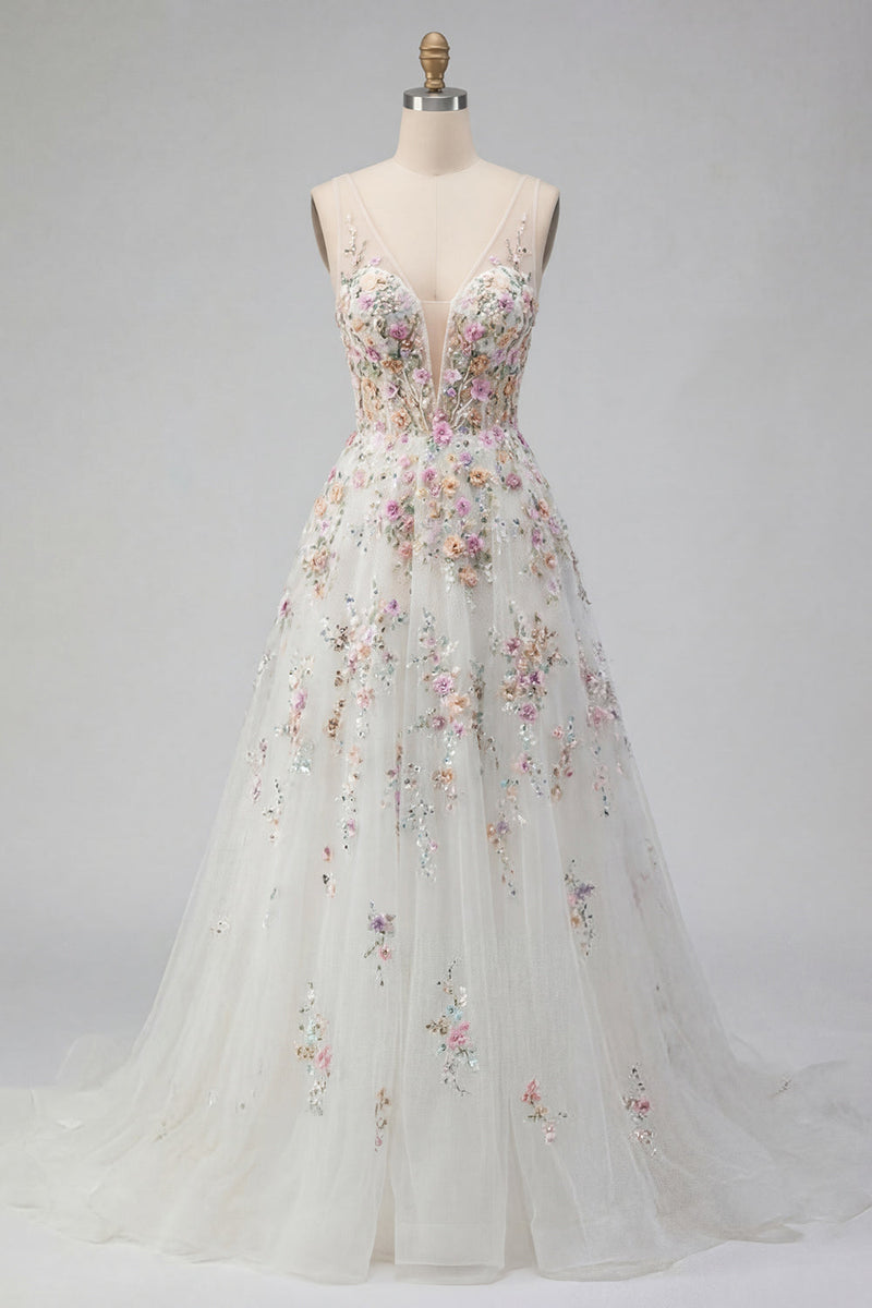 Laden Sie das Bild in den Galerie-Viewer, Zapaka Damen Weißes Pailletten Langes Hochzeitskleid A-Linie V-Ausschnitt Tüll Brautkleid mit 3D-Blumen