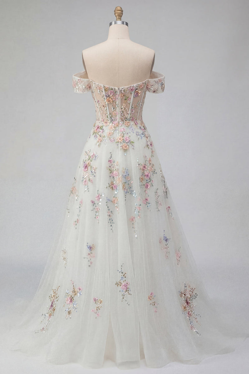 Laden Sie das Bild in den Galerie-Viewer, Glitzerndes weißes, schulterbesetztes Blumenkorsett Ein langes Hochzeitskleid