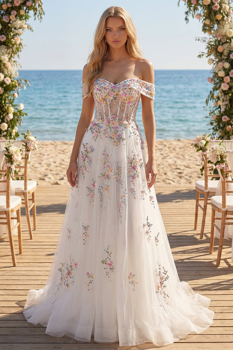 Laden Sie das Bild in den Galerie-Viewer, Glitzerndes weißes, schulterbesetztes Blumenkorsett Ein langes Hochzeitskleid