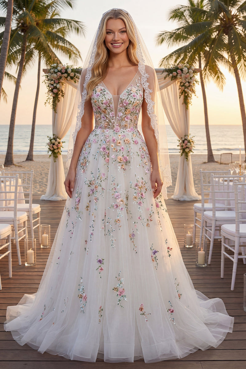 Laden Sie das Bild in den Galerie-Viewer, Weißes A-Linie Pailletten Langes Hochzeitskleid mit 3D-Blumen