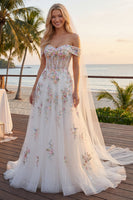 Laden Sie das Bild in den Galerie-Viewer, Glitzerndes weißes, schulterbesetztes Blumenkorsett Ein langes Hochzeitskleid