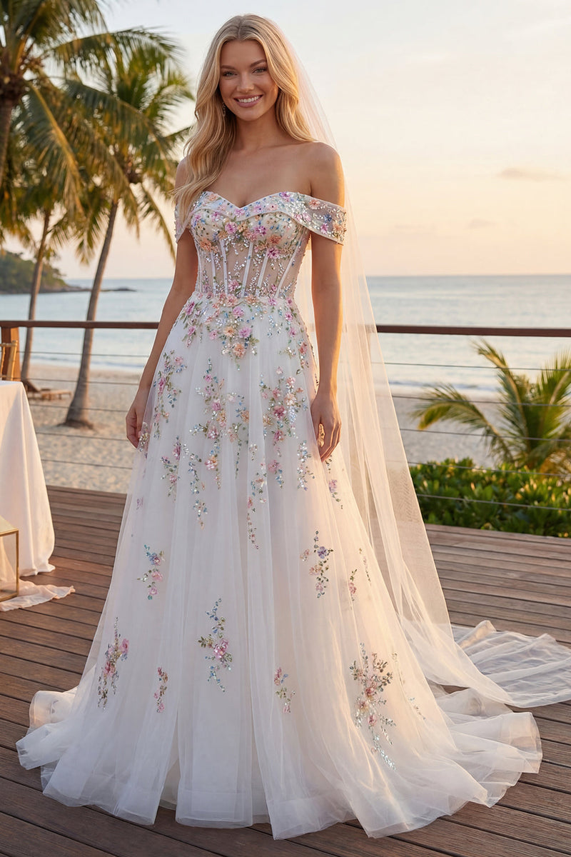 Laden Sie das Bild in den Galerie-Viewer, Glitzerndes weißes, schulterbesetztes Blumenkorsett Ein langes Hochzeitskleid