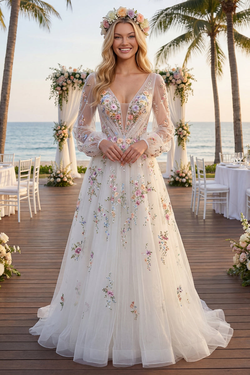 Laden Sie das Bild in den Galerie-Viewer, Weißes, geblümtes Raffen-V-Ausschnitt A-Linie Langarmiges Hochzeitskleid