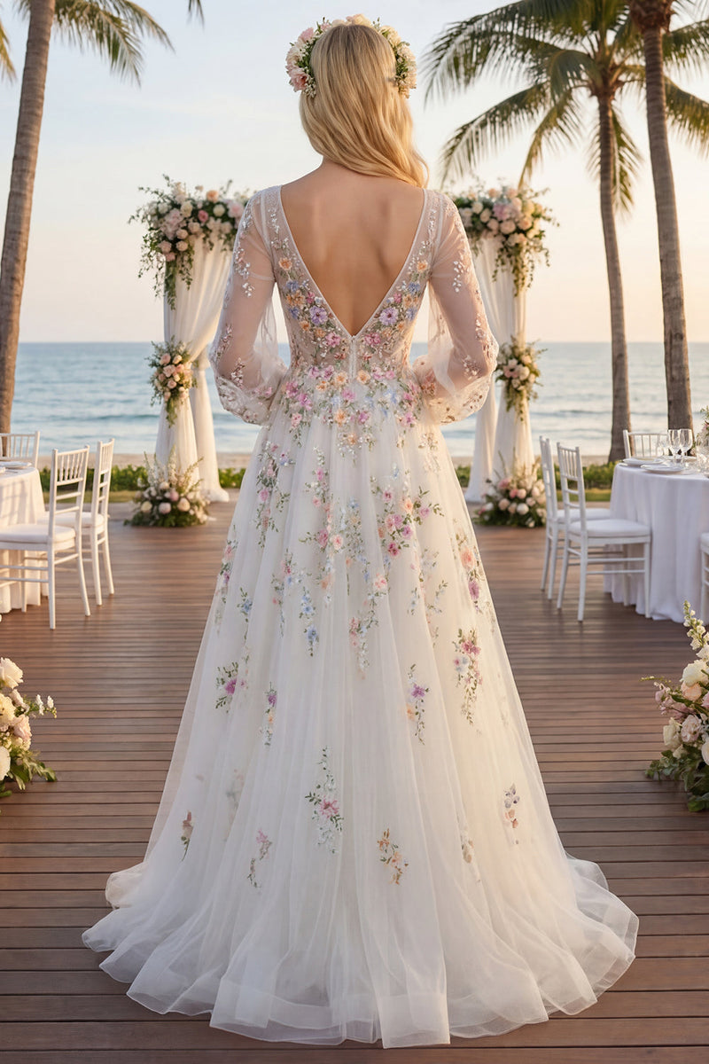 Laden Sie das Bild in den Galerie-Viewer, Weißes, geblümtes Raffen-V-Ausschnitt A-Linie Langarmiges Hochzeitskleid