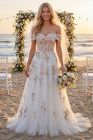 Laden Sie das Bild in den Galerie-Viewer, Glitzerndes weißes, schulterbesetztes Blumenkorsett Ein langes Hochzeitskleid