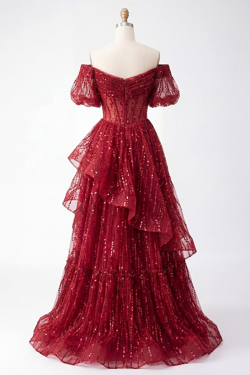 Laden Sie das Bild in den Galerie-Viewer, Glitzerndes burgunderrotes Puffärmel Ein langes Korsett-Abschlusskleid mit Linienperlen und Rüschen