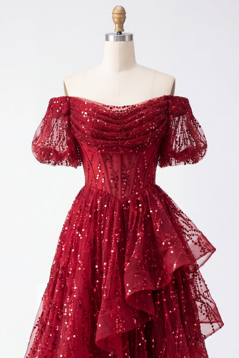 Laden Sie das Bild in den Galerie-Viewer, Glitzerndes burgunderrotes Puffärmel Ein langes Korsett-Abschlusskleid mit Linienperlen und Rüschen