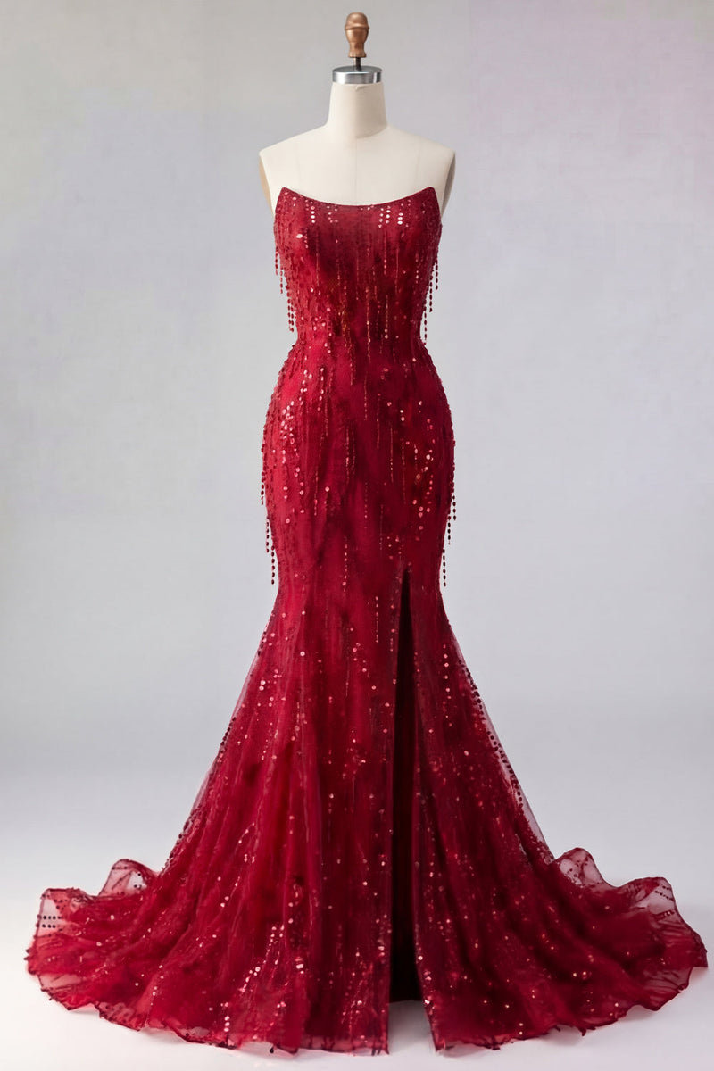 Laden Sie das Bild in den Galerie-Viewer, Glitzerndes burgunderrotes Meerjungfrauen-Langperlen-Abschlussballkleid mit Schlitz