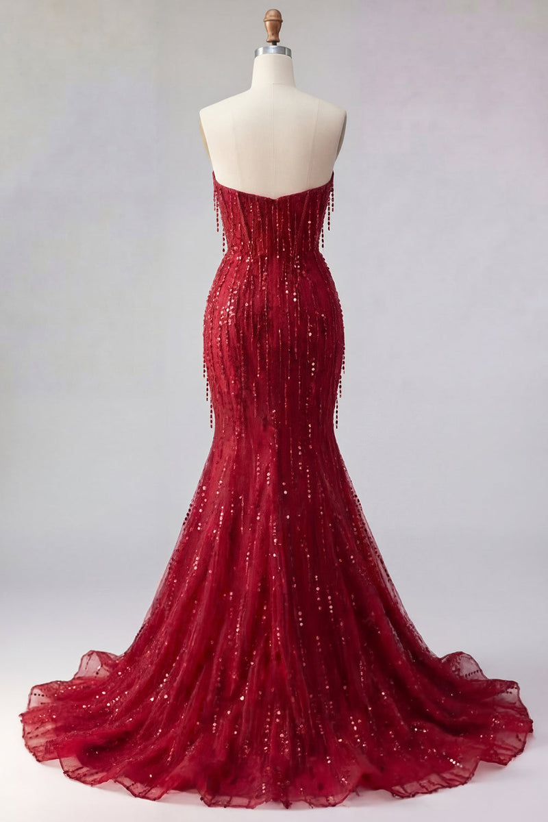 Laden Sie das Bild in den Galerie-Viewer, Glitzerndes burgunderrotes Meerjungfrauen-Langperlen-Abschlussballkleid mit Schlitz