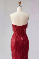 Laden Sie das Bild in den Galerie-Viewer, Glitzerndes burgunderrotes Meerjungfrauen-Langperlen-Abschlussballkleid mit Schlitz