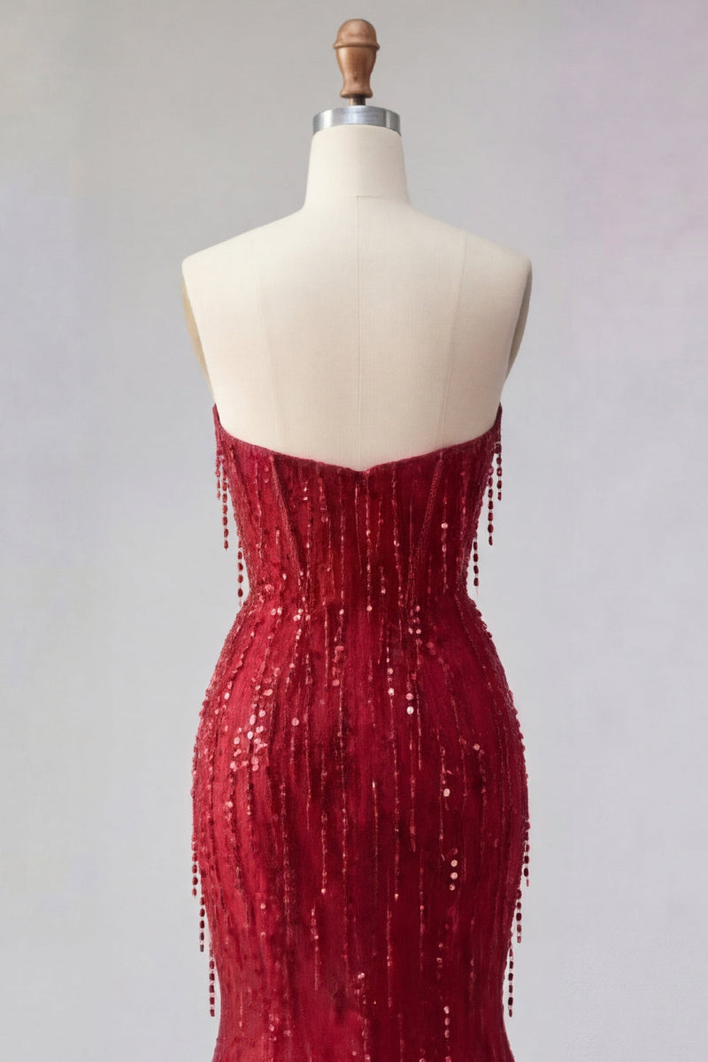 Laden Sie das Bild in den Galerie-Viewer, Glitzerndes burgunderrotes Meerjungfrauen-Langperlen-Abschlussballkleid mit Schlitz