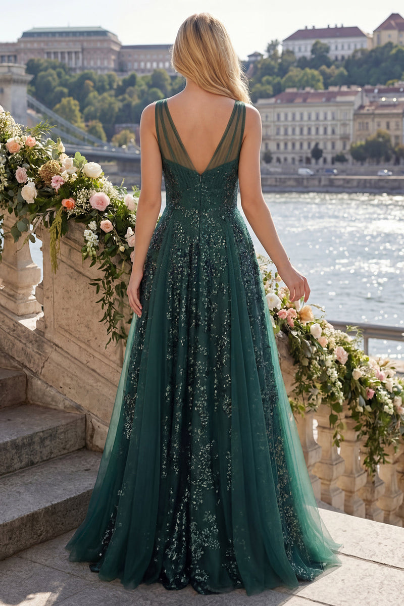Laden Sie das Bild in den Galerie-Viewer, Glitzerndes dunkelgrünes V-Ausschnitt-Tüllkleid aus einer langen Pailletten-Abschlussball-Linie