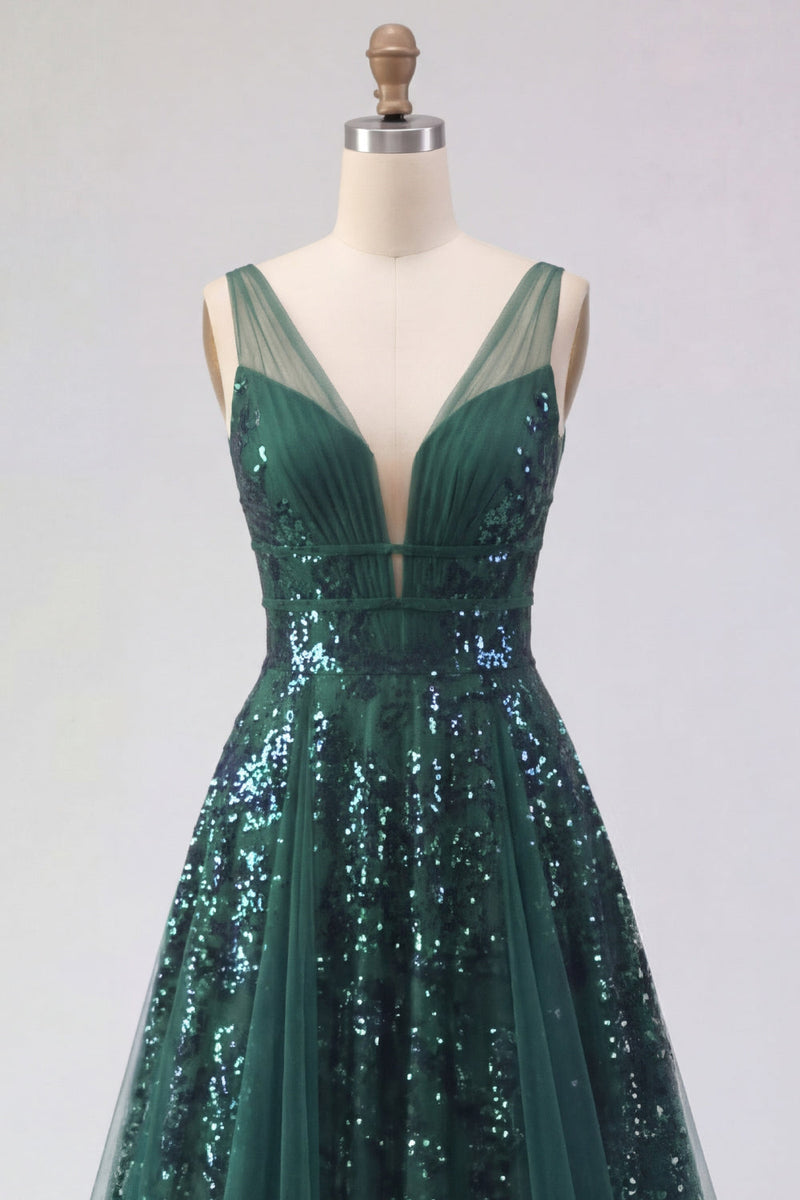 Laden Sie das Bild in den Galerie-Viewer, Glitzerndes dunkelgrünes V-Ausschnitt-Tüllkleid aus einer langen Pailletten-Abschlussball-Linie