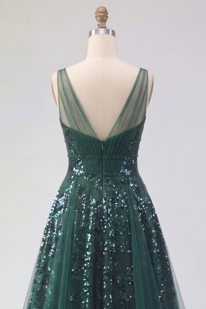 Laden Sie das Bild in den Galerie-Viewer, Glitzerndes dunkelgrünes V-Ausschnitt-Tüllkleid aus einer langen Pailletten-Abschlussball-Linie