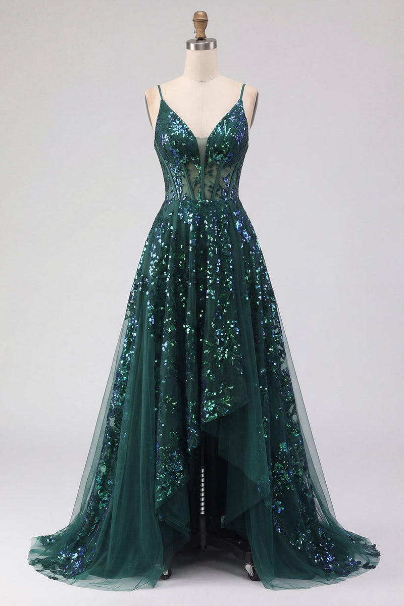 Laden Sie das Bild in den Galerie-Viewer, Glitzerndes dunkelgrünes Korsett, Tüll, hohe, niedrige Pailletten-Abschlussballkleid