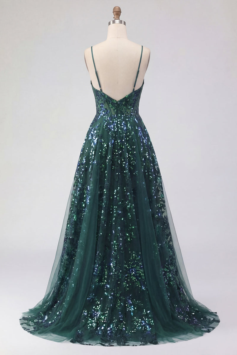 Laden Sie das Bild in den Galerie-Viewer, Glitzerndes dunkelgrünes Korsett, Tüll, hohe, niedrige Pailletten-Abschlussballkleid