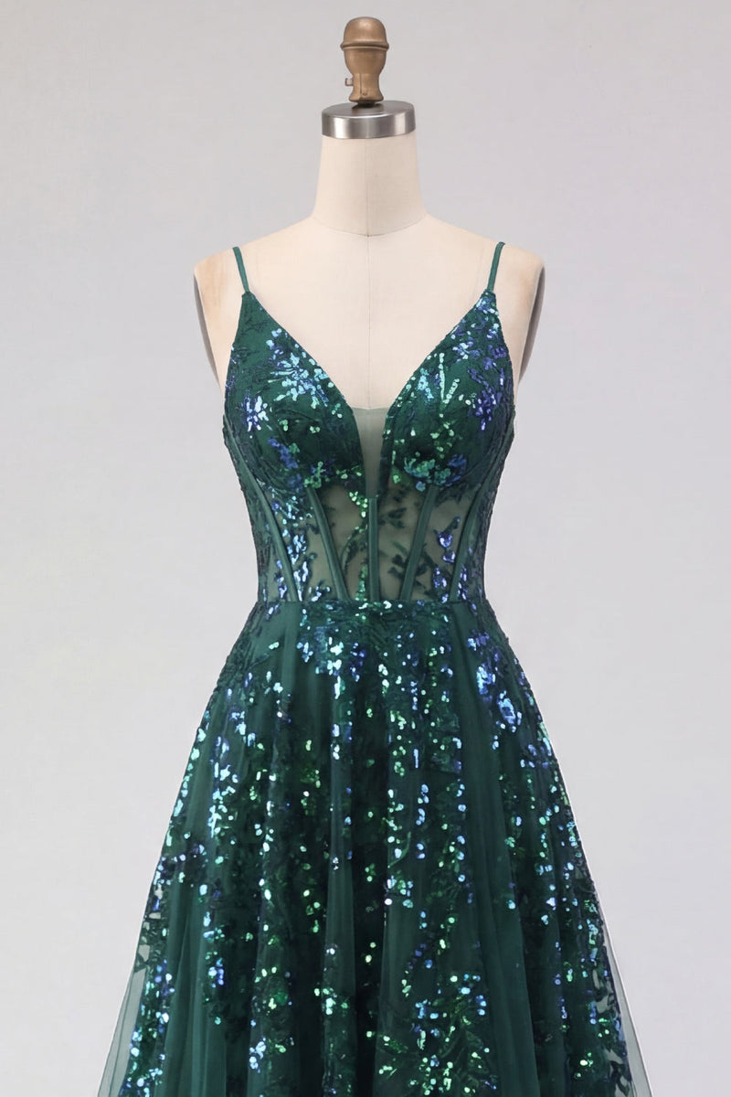 Laden Sie das Bild in den Galerie-Viewer, Glitzerndes dunkelgrünes Korsett, Tüll, hohe, niedrige Pailletten-Abschlussballkleid