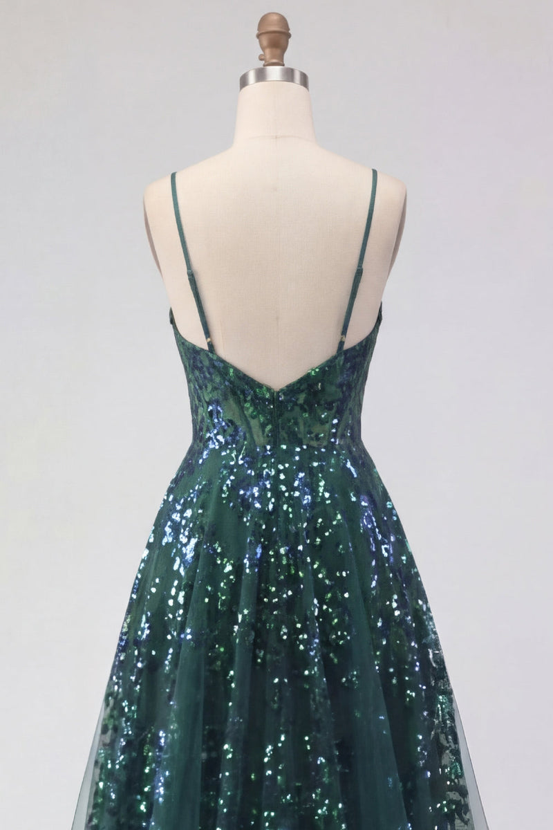 Laden Sie das Bild in den Galerie-Viewer, Glitzerndes dunkelgrünes Korsett, Tüll, hohe, niedrige Pailletten-Abschlussballkleid