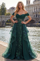 Laden Sie das Bild in den Galerie-Viewer, Glitzerndes Dunkelgrünes Pailletten A-Linien Korsett Langes Abschlussballkleid mit Raffen