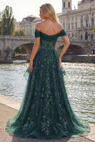 Laden Sie das Bild in den Galerie-Viewer, Glitzerndes Dunkelgrünes Pailletten A-Linien Korsett Langes Abschlussballkleid mit Raffen
