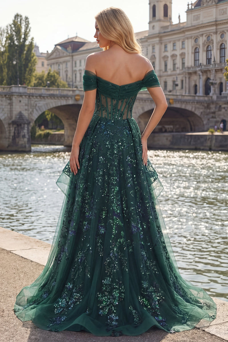 Laden Sie das Bild in den Galerie-Viewer, Glitzerndes Dunkelgrünes Pailletten A-Linien Korsett Langes Abschlussballkleid mit Raffen