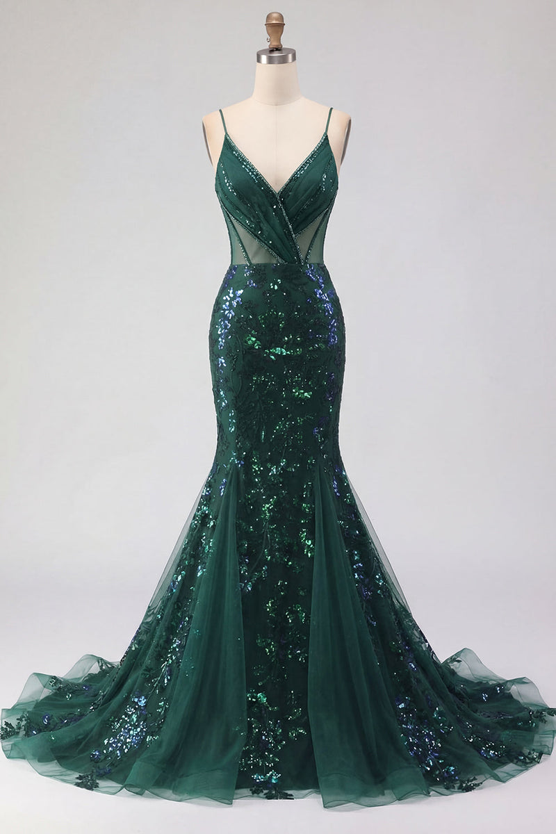 Laden Sie das Bild in den Galerie-Viewer, Glitzerndes dunkelgrünes Langballkleid mit Spaghetti-Trägern aus Pailletten, Tüll, mit Applikationen