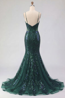 Glitzerndes dunkelgrünes Langballkleid mit Spaghetti-Trägern aus Pailletten, Tüll, mit Applikationen