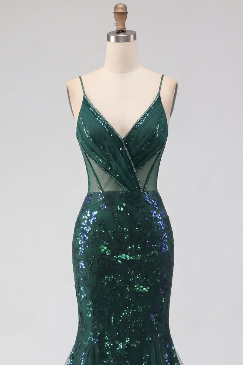Laden Sie das Bild in den Galerie-Viewer, Glitzerndes dunkelgrünes Langballkleid mit Spaghetti-Trägern aus Pailletten, Tüll, mit Applikationen
