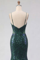 Laden Sie das Bild in den Galerie-Viewer, Glitzerndes dunkelgrünes Langballkleid mit Spaghetti-Trägern aus Pailletten, Tüll, mit Applikationen