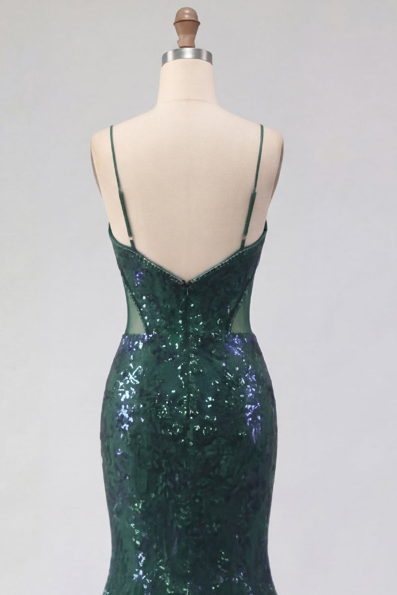 Laden Sie das Bild in den Galerie-Viewer, Glitzerndes dunkelgrünes Langballkleid mit Spaghetti-Trägern aus Pailletten, Tüll, mit Applikationen